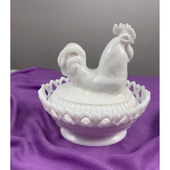 Vintage Imperial Milk Glass Rooster on Nest Dish Open Lattice Edge Bowl Farm - Picture 13 of 13